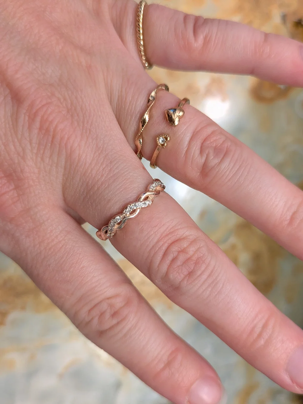 Delicate Gold Tone Stackable Heart & Twist Rings